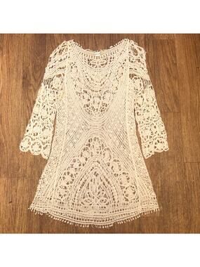Vila Milano Cream Floral Crochet Dress Tunic Top Cover Up Size Small/Medium
